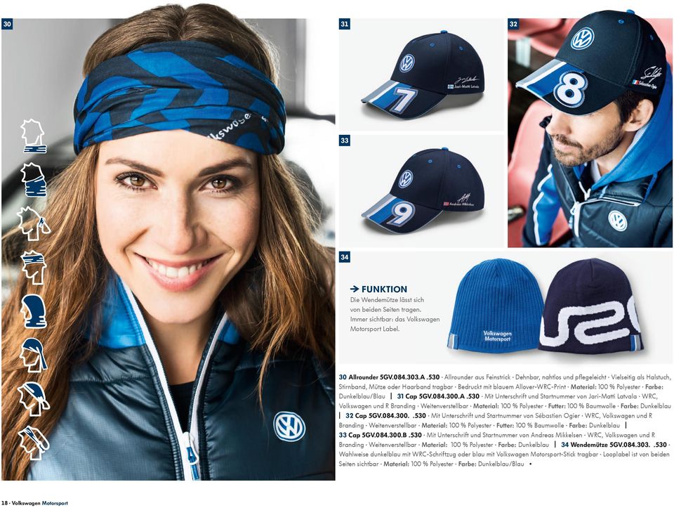 530 Allrounder aus Feinstrick Dehnbar, nahtlos und pﬂegeleicht Vielseitig als Halstuch, Stirnband, Mütze oder Haarband tragbar Bedruckt mit blauem Allover-WRC-Print Material: 100 % Polyester Farbe: