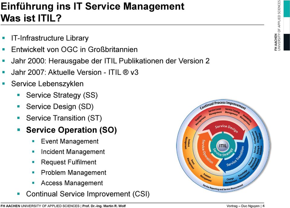 Aktuelle Version - ITIL v3 Service Lebenszyklen Service Strategy (SS) Service Design (SD) Service Transition (ST) Service Operation