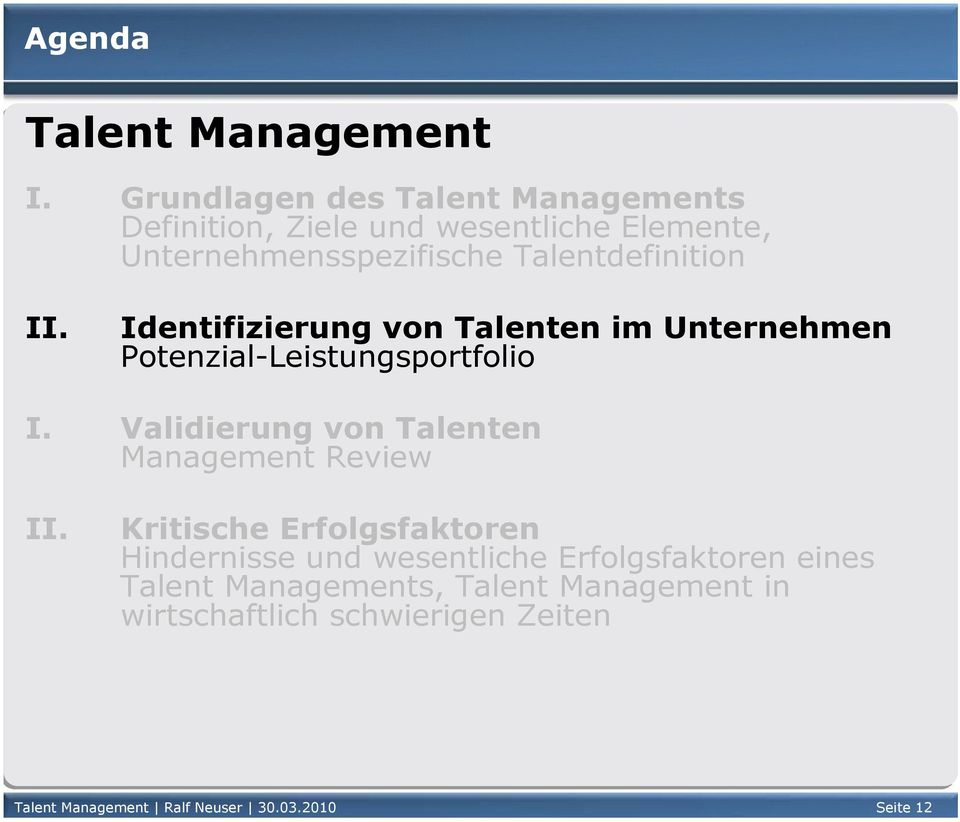 II. Identifizierung von Talenten im Unternehmen Potenzial-Leistungsportfolio I.