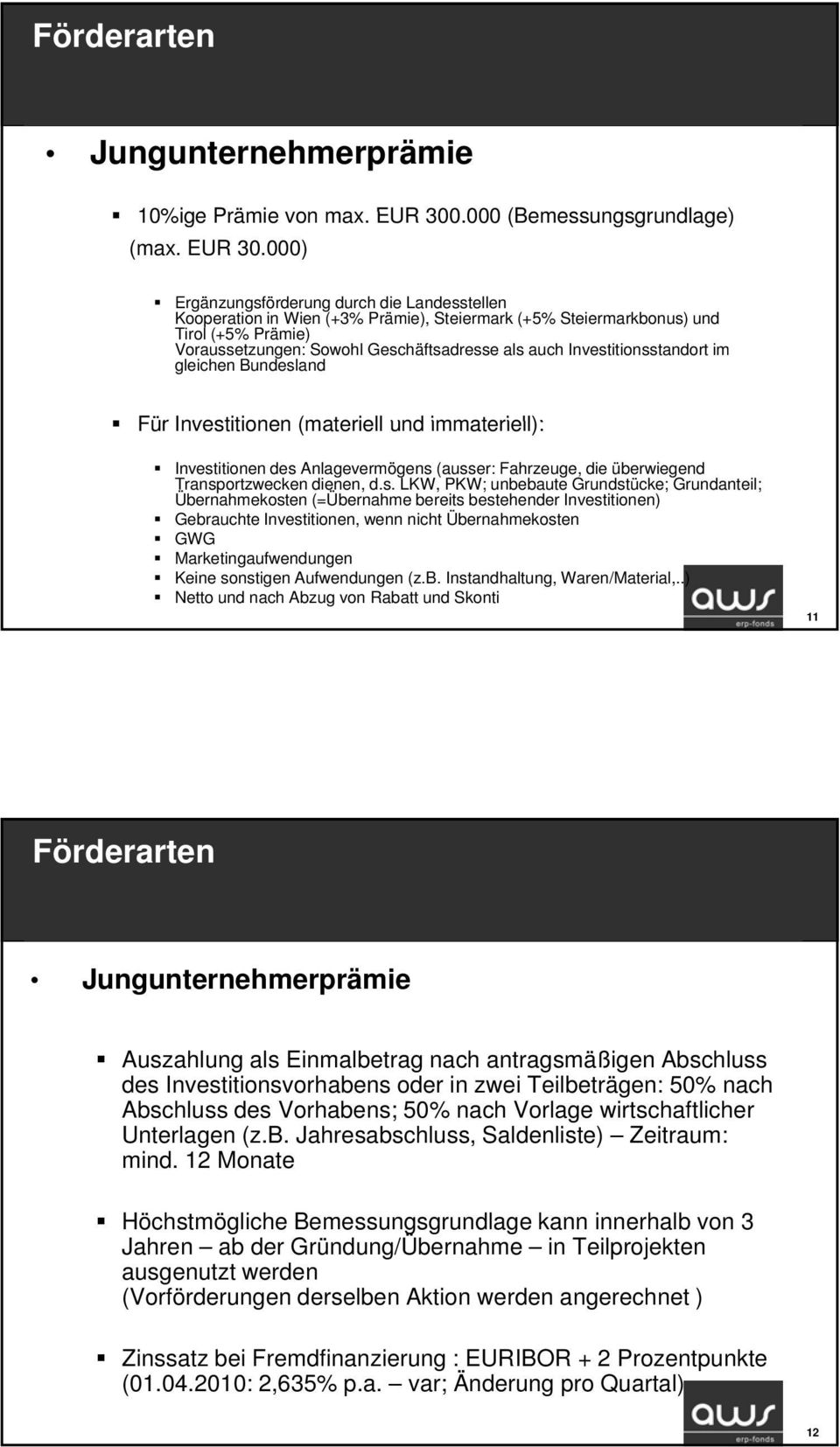 000) Ergänzungsförderung durch die Landesstellen Kooperation in Wien (+3% Prämie), Steiermark (+5% Steiermarkbonus) und Tirol (+5% Prämie) Voraussetzungen: Sowohl Geschäftsadresse als auch