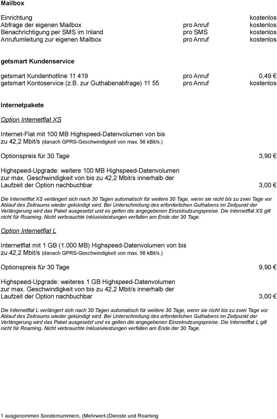 zur Guthabenabfrage) 11 55 pro Anruf kostenlos Internetpakete Option Internetflat XS Internet-Flat mit 100 MB Highspeed-Datenvolumen von bis zu 42,2 Mbit/s (danach GPRS-Geschwindigkeit von max.