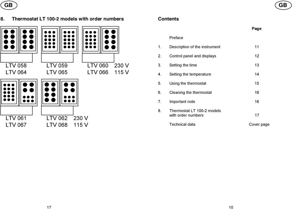 Setting the temperature 14 5. Using the thermostat 15 6. Cleaning the thermostat 16 7.