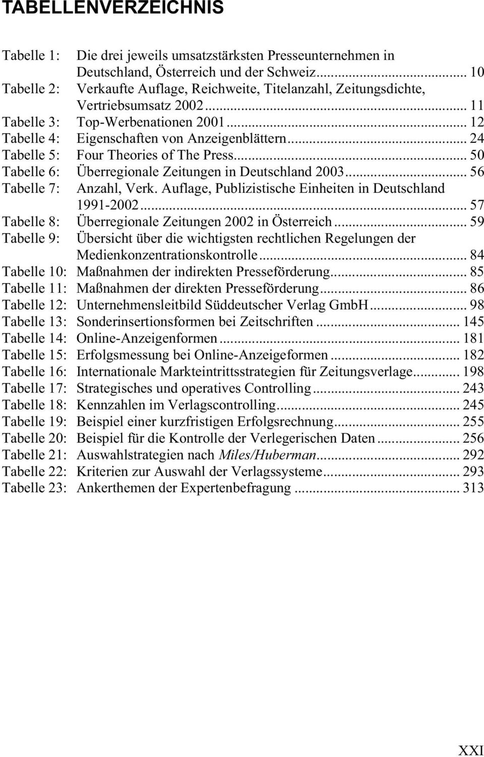 .. 24 Tabelle 5: Four Theories of The Press... 50 Tabelle 6: Überregionale Zeitungen in Deutschland 2003... 56 Tabelle 7: Anzahl, Verk. Auflage, Publizistische Einheiten in Deutschland 1991-2002.