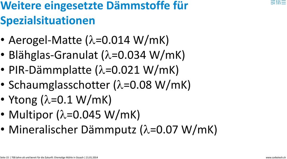 021 W/mK) Schaumglasschotter (l=0.08 W/mK) Ytong (l=0.1 W/mK) Multipor (l=0.