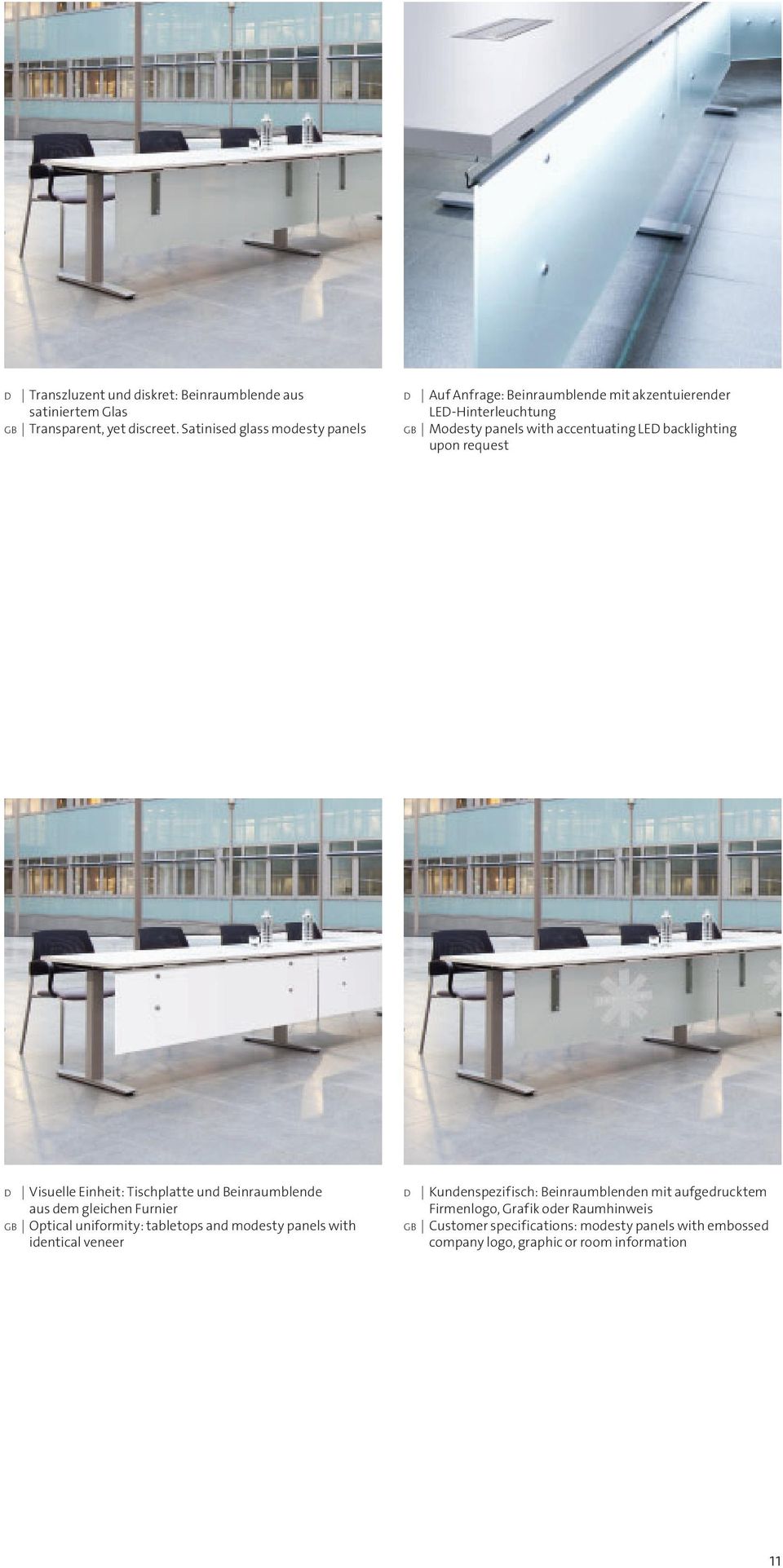 backlighting upon request D Visuelle Einheit: Tischplatte und Beinraumblende aus dem gleichen Furnier GB Optical uniformity: tabletops and modesty