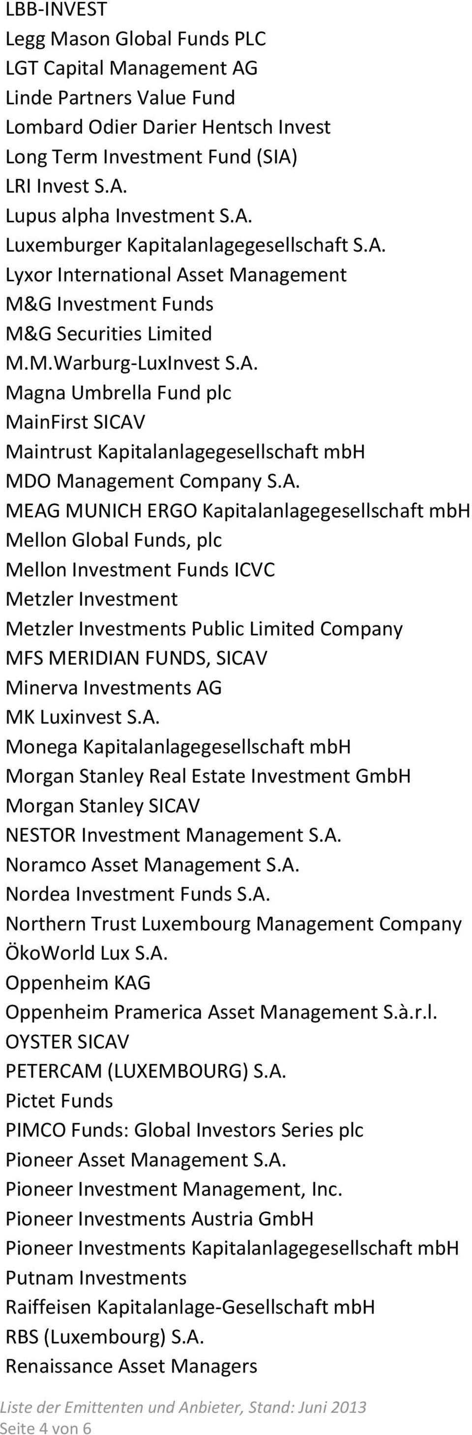 A. MEAG MUNICH ERGO Kapitalanlagegesellschaft mbh Mellon Global Funds, plc Mellon Investment Funds ICVC Metzler Investment Metzler Investments Public Limited Company MFS MERIDIAN FUNDS, SICAV Minerva