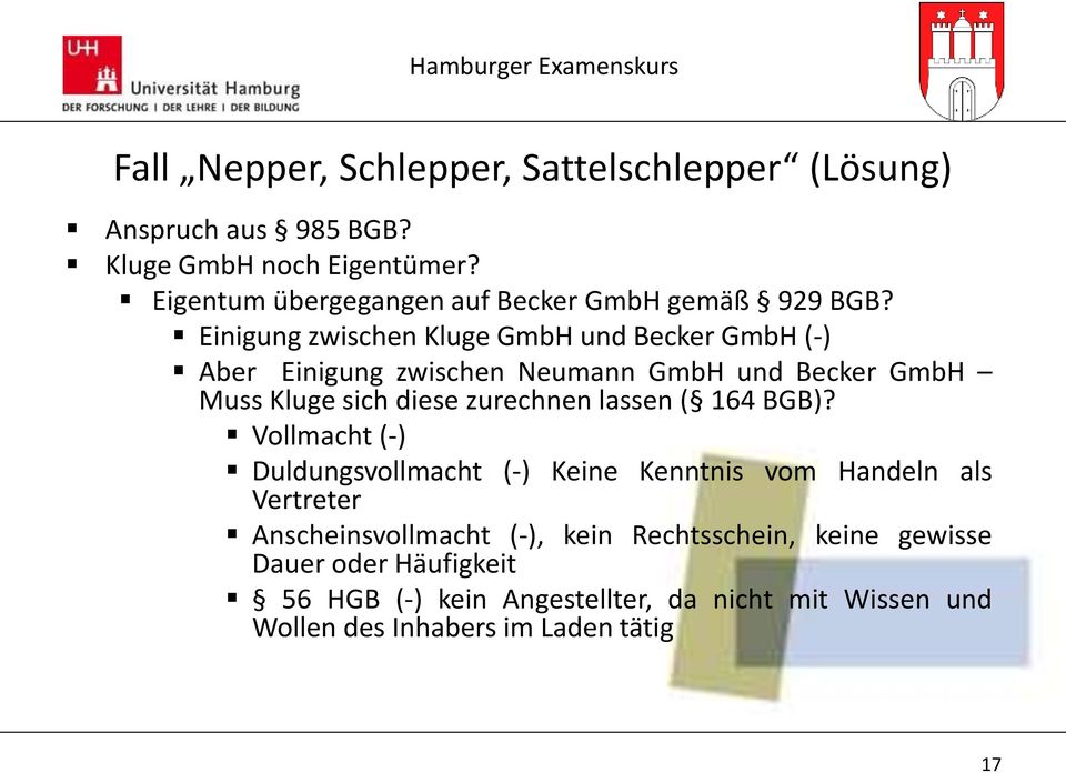 Einigung zwischen Kluge GmbH und Becker GmbH (-) Aber Einigung zwischen Neumann GmbH und Becker GmbH Muss Kluge sich diese zurechnen