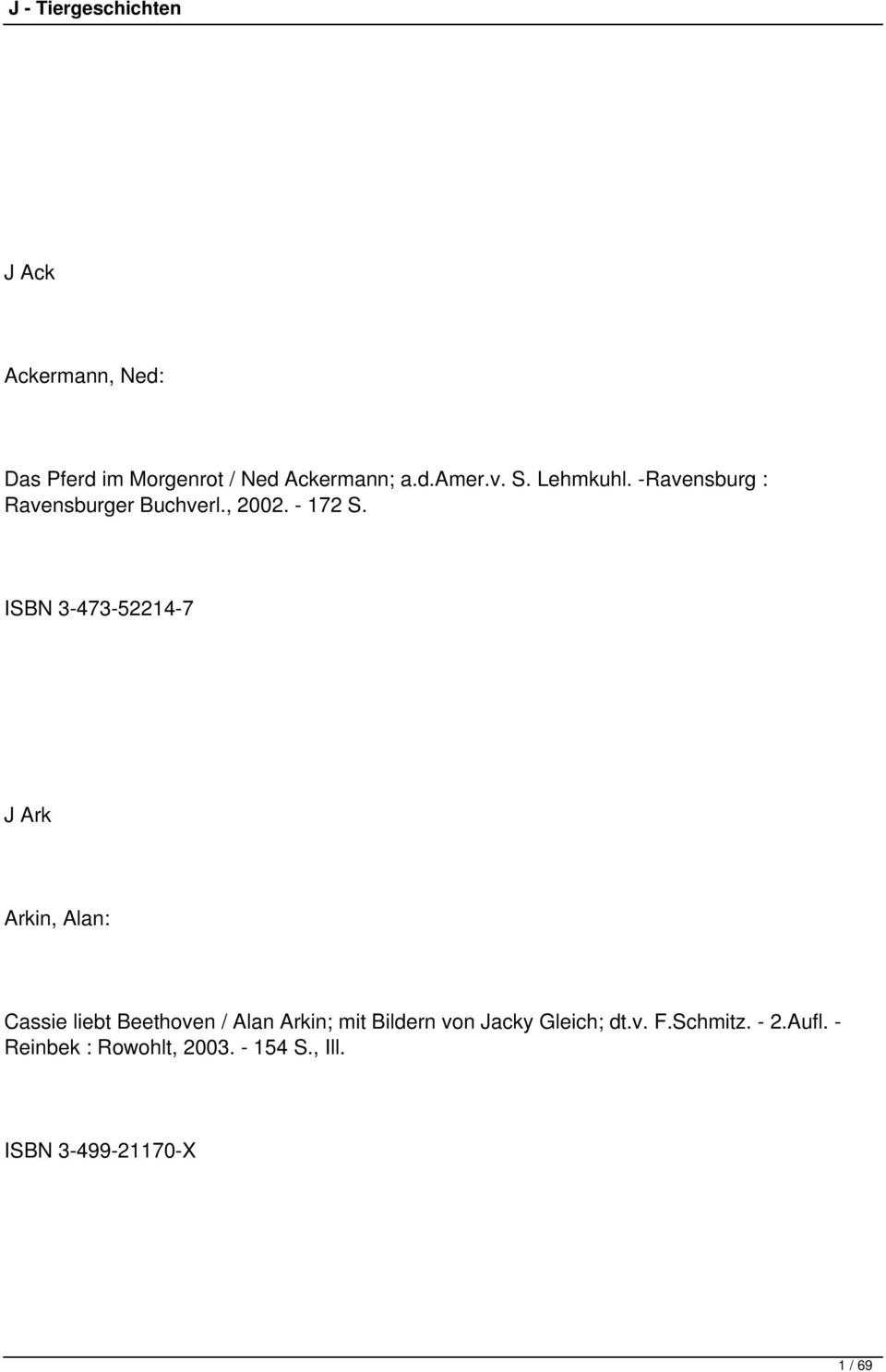 ISBN 3-473-52214-7 J Ark Arkin, Alan: Cassie liebt Beethoven / Alan Arkin; mit