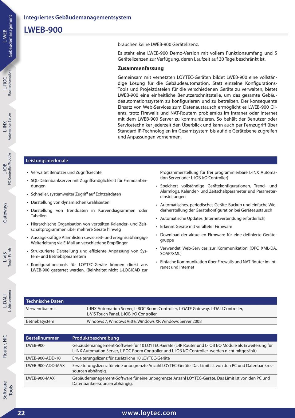 Zusammenfassung Gemeinsam mit vernetzten LOYEC-Geräten bildet LWEB 900 eine vollständige Lösung für die Gebäudeautomation.