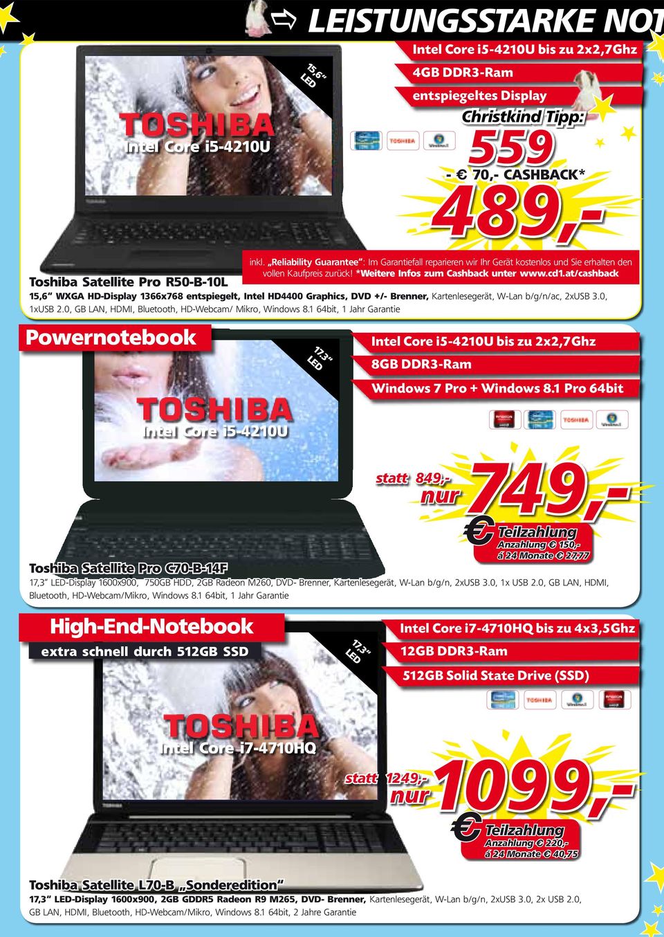 at/cashback Toshiba Satellite Pro R50-B-10L 15,6 WXGA HD-Display 1366x768 entspiegelt, Intel HD4400 Graphics, DVD +/- Brenner, Kartenlesegerät, W-Lan b/g/n/ac, 2xUSB 3.0, 1xUSB 2.