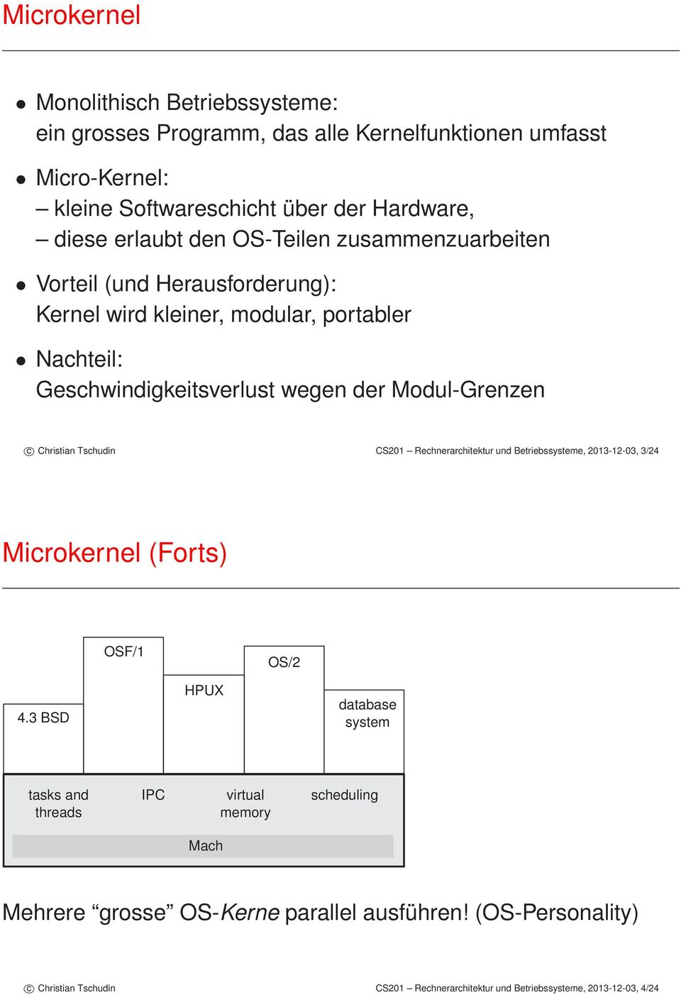 Christian Tschudin CS201 Rechnerarchitektur und Betriebssysteme, 2013-12-03, 3/24 Microkernel (Forts) OSF/1 OS/2 4.