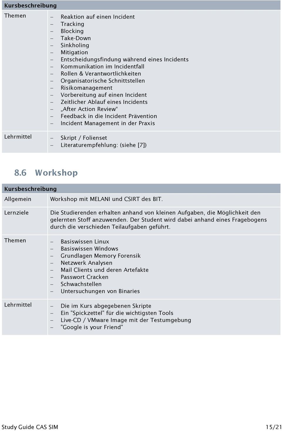 Incident Management in der Praxis Lehrmittel Skript / Folienset Literaturempfehlung: (siehe [7]) 8.6 Workshop Kursbeschreibung Allgemein Workshop mit MELANI und CSIRT des BIT.