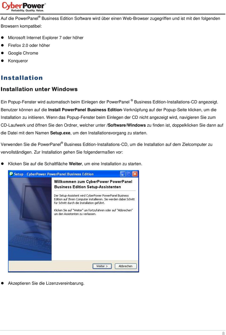 Benutzer können auf die Install PowerPanel Business Edition-Verknüpfung auf der Popup-Seite klicken, um die Installation zu initiieren.