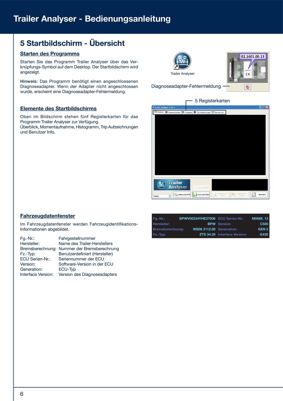 Elemente des Startbildschirms Oben im Bildschirm stehen fünf Registerkarten für das Programm Trailer Analyser zur Verfügung.