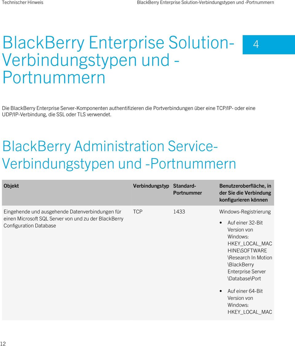 BlackBerry Administration Service- en und -n Benutzeroberfläche, in der Eingehende und ausgehende Datenverbindungen für einen Microsoft SQL Server von und