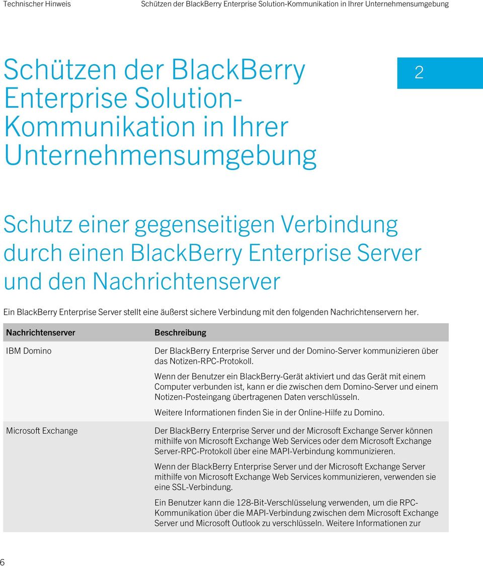Nachrichtenservern her. Nachrichtenserver IBM Domino Microsoft Exchange Beschreibung Der BlackBerry Enterprise Server und der Domino-Server kommunizieren über das Notizen-RPC-Protokoll.