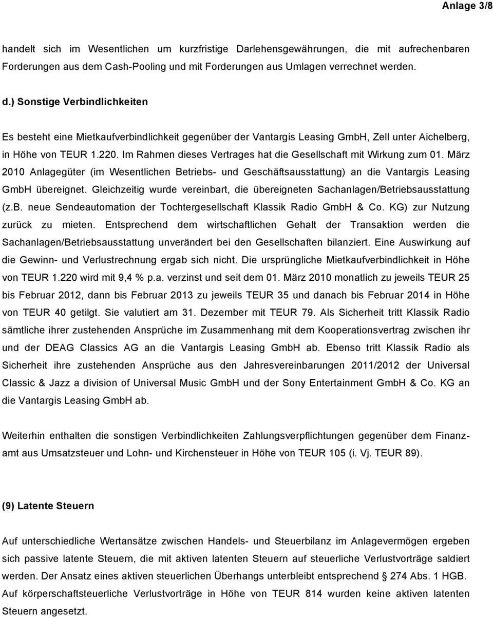 220. Im Rahmen dieses Vertrages hat die Gesellschaft mit Wirkng zm 01. März 2010 Anlagegüter (im Wesentlichen Betriebs- nd Geschäftsasstattng) an die Vantargis Leasing GmbH übereignet.