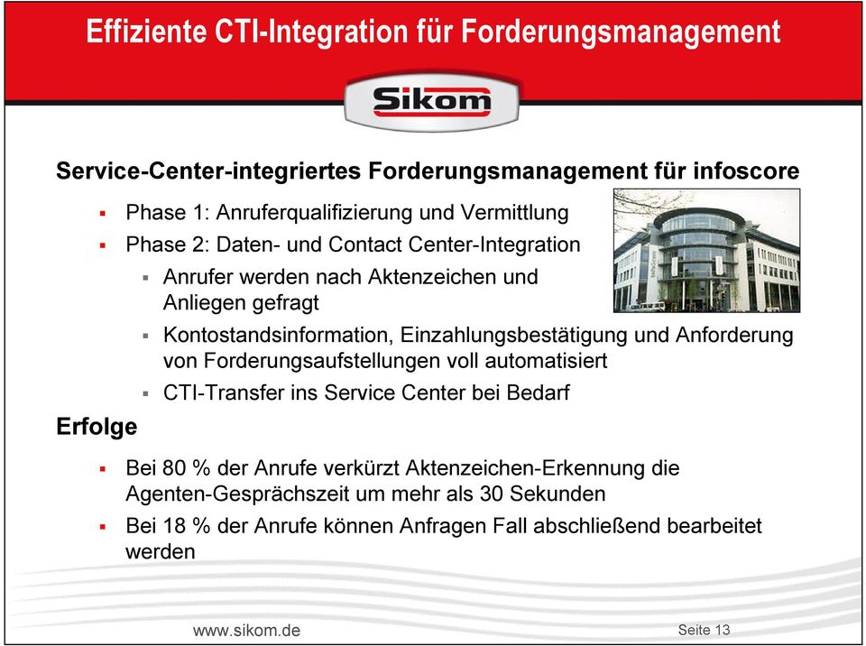 Kontostandsinformation, Einzahlungsbestätigung und Anforderung von Forderungsaufstellungen voll automatisiert CTI-Transfer ins Service Center bei
