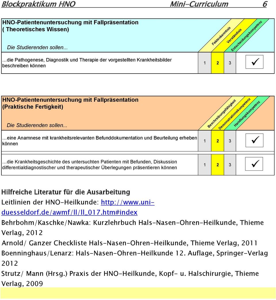 Beurteilung erheben können Handlungskompetenz Beschreibungsfähigkeit Demonstrationskompetenz die Krankheitsgeschichte des untersuchten Patienten mit Befunden, Diskussion differentialdiagnostischer