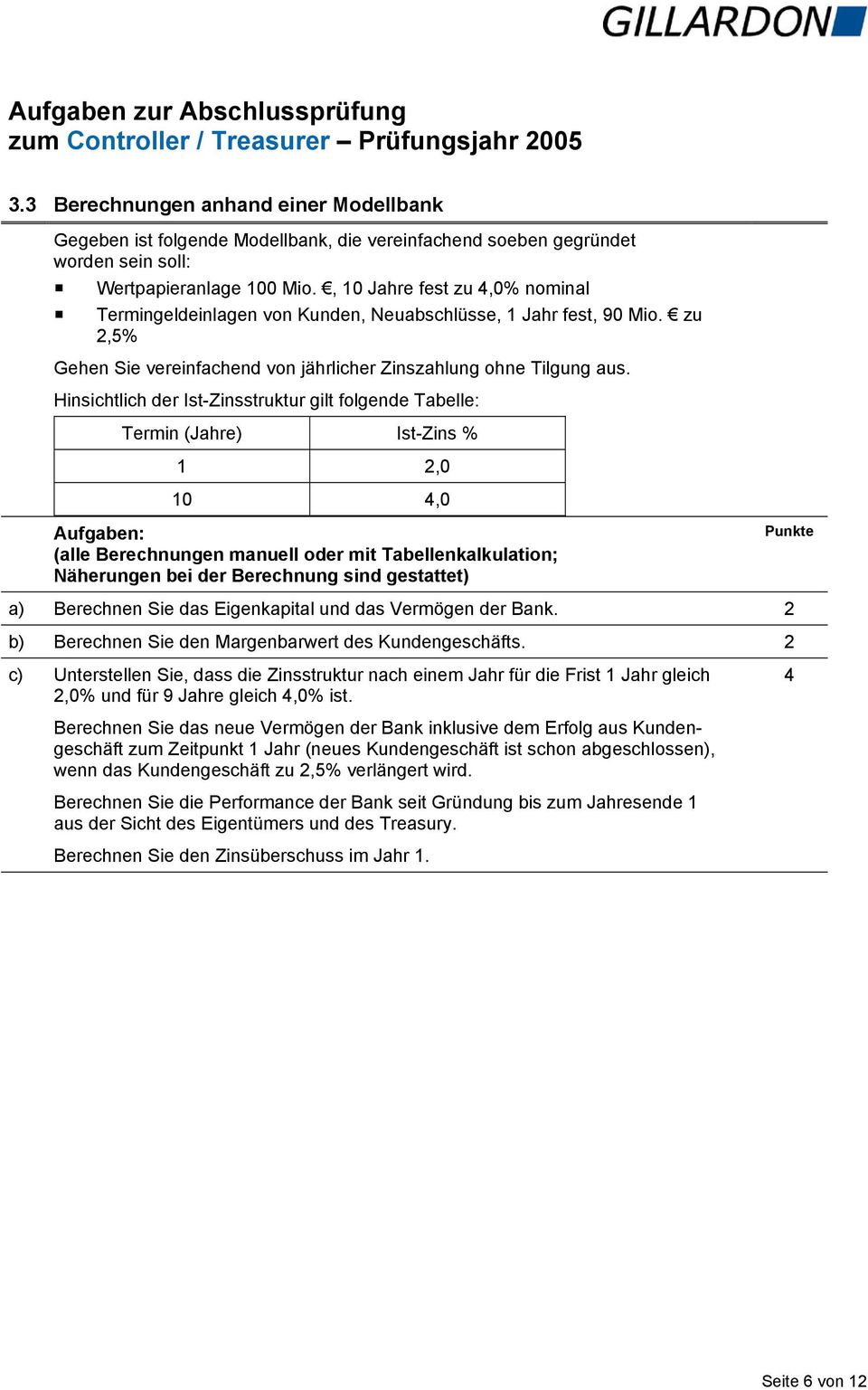 Hinsichtlich der Ist-Zinsstruktur gilt folgende Tabelle: Termin (Jahre) Ist-Zins %,0 0 4,0 (alle Berechnungen manuell oder mit Tabellenkalkulation; Näherungen bei der Berechnung sind gestattet) a)