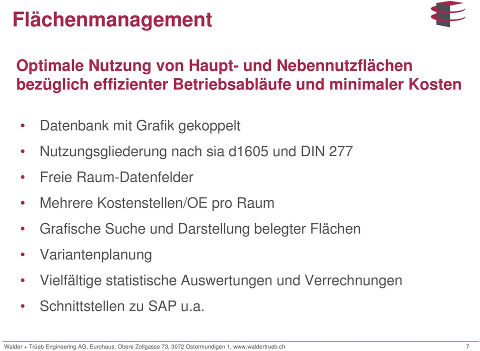 pro Raum Grafische Suche und Darstellung belegter Flächen Variantenplanung Vielfältige statistische Auswertungen und