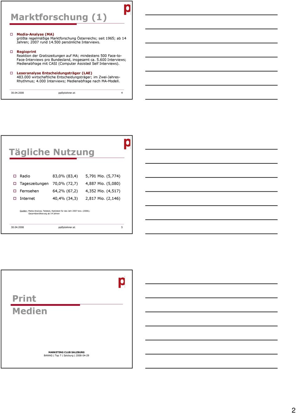 Leseranalyse Entscheidungsträger (LAE) 483.000 wirtschaftliche Entscheidungsträger; im Zwei-Jahres- Rhythmus; 4.000 Interviews; Medienabfrage nach MA-Modell. 30.04.2008 pp@plaikner.