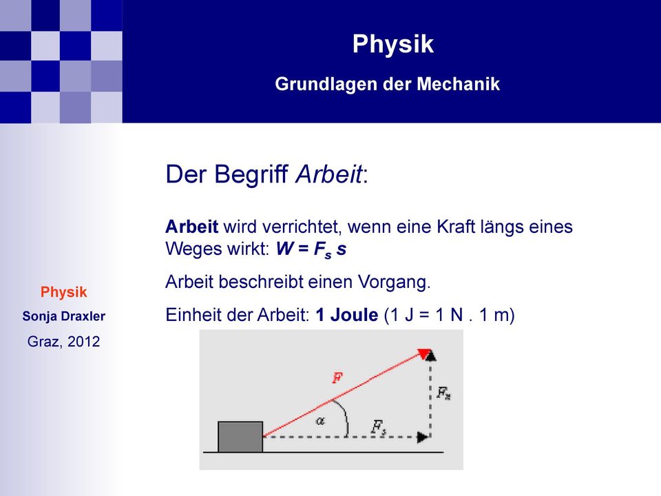 Weges wirkt: W = F s s Arbeit beschreibt