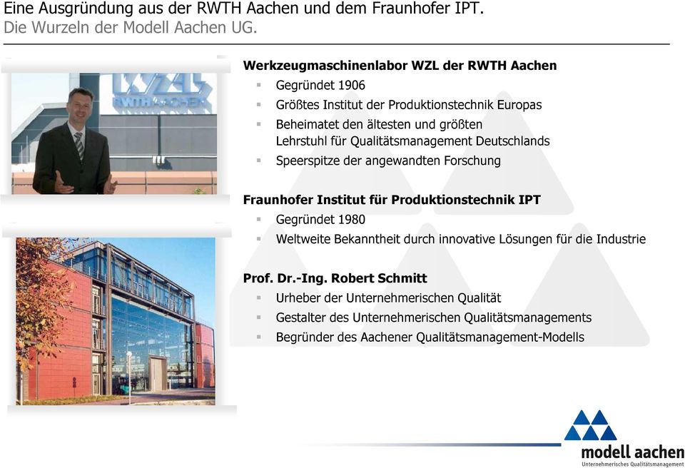 Qualitätsmanagement Deutschlands Speerspitze der angewandten Forschung Fraunhofer Institut für Produktionstechnik IPT Gegründet 1980 Weltweite Bekanntheit