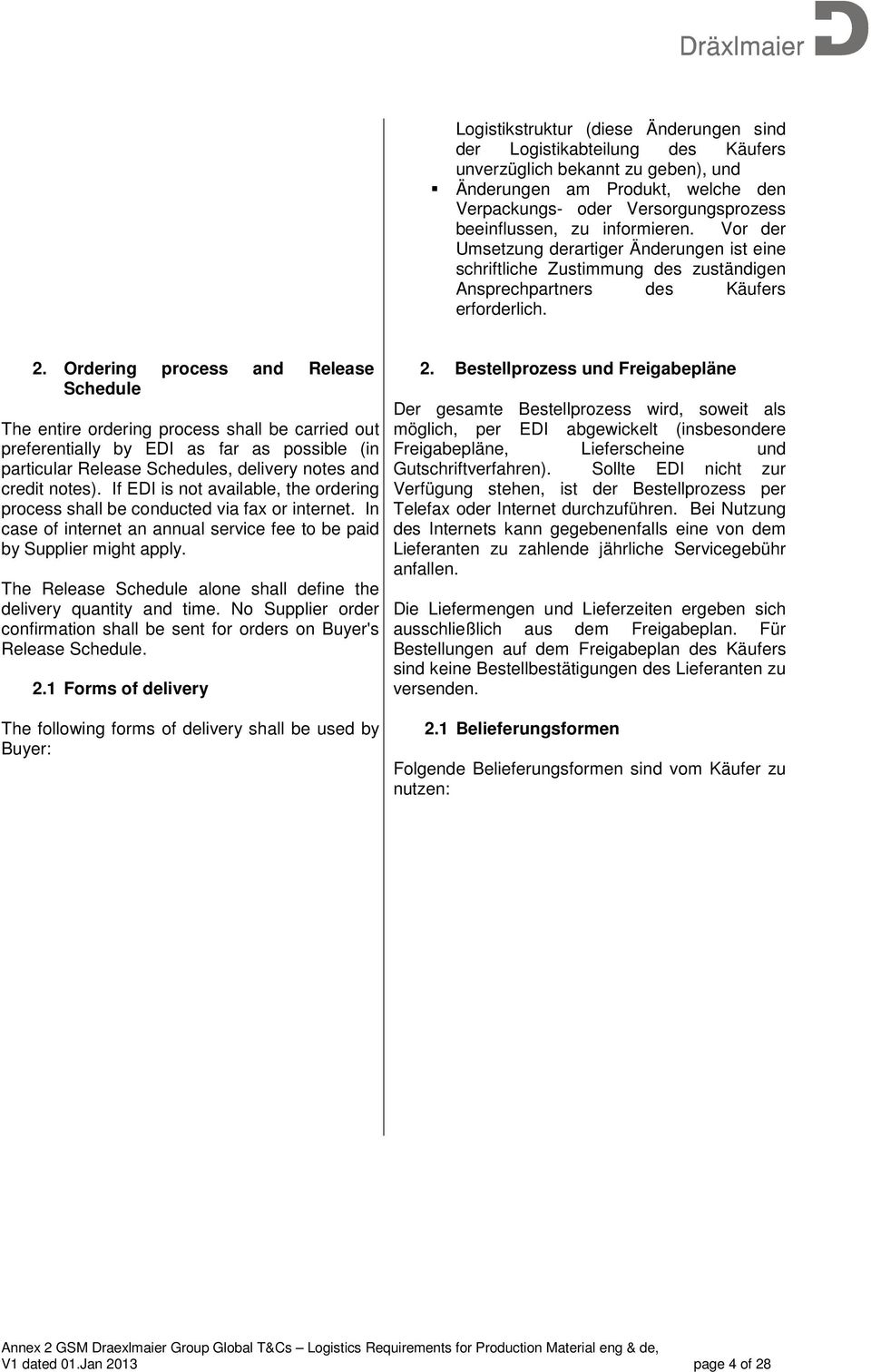 Ordering process and Release Schedule The entire ordering process shall be carried out preferentially by EDI as far as possible (in particular Release Schedules, delivery notes and credit notes).