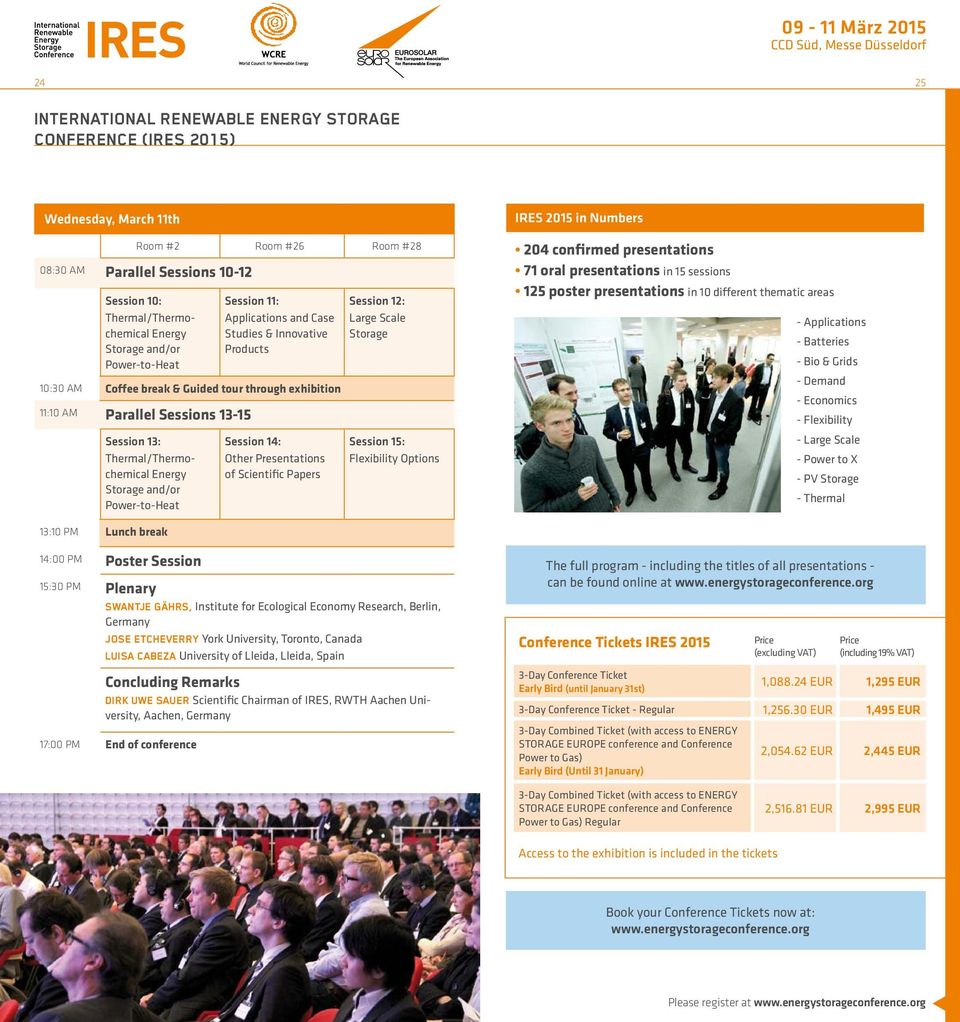 Thermal/Thermochemical Energy Storage and/or Power-to-Heat Session 14: Other Presentations of Scientific Papers Session 12: Large Scale Storage Session 15: Flexibility Options IRES 2015 in Numbers