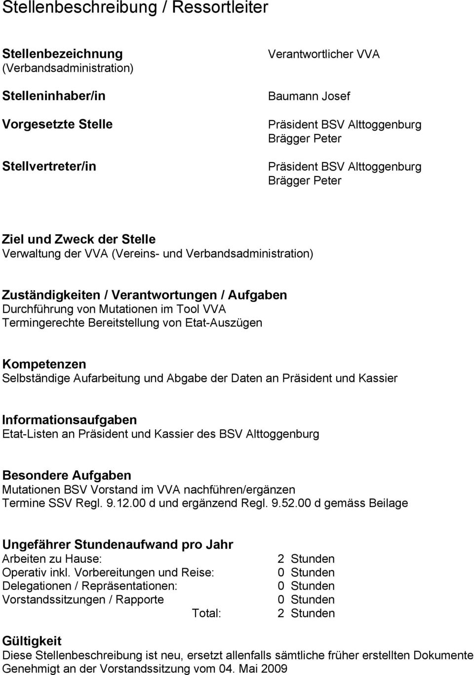 Kassier des BSV Alttoggenburg Besondere Aufgaben Mutationen BSV Vorstand im VVA nachführen/ergänzen Termine SSV Regl. 9.12.00 d und ergänzend Regl. 9.52.