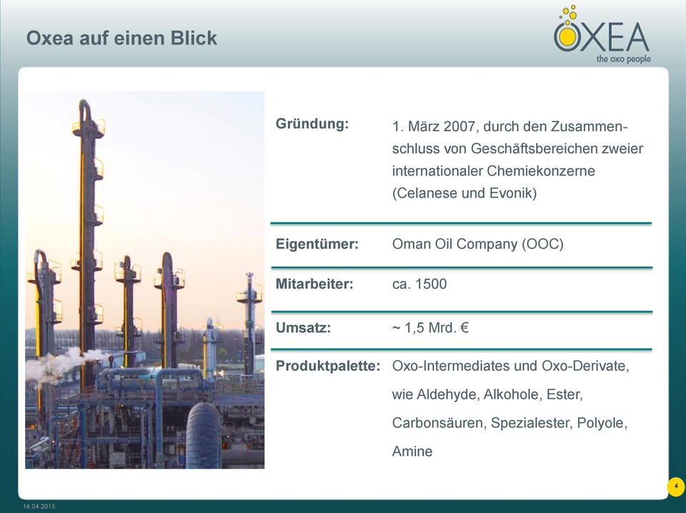 Chemiekonzerne (Celanese und Evonik) Eigentümer: Oman Oil Company (OOC) Mitarbeiter: ca.