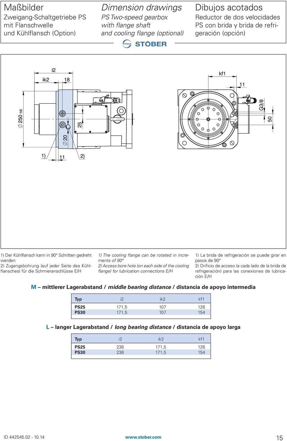 Kühlflansches) für die Schmieranschlüsse E/H 1) The cooling flange can be rotated in increments of 90 2) Access bore hole (on each side of the cooling flange) for lubrication connections E/H 1) La