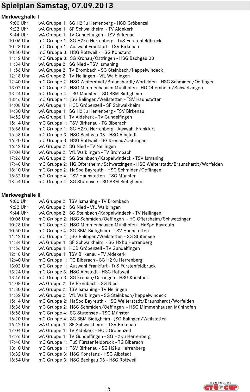Gruppe 1: SG H2Ku Herrenberg - TuS Fürstenfeldbruck 10:28 Uhr mc Gruppe 1: Auswahl Frankfurt - TSV Birkenau 10:50 Uhr mc Gruppe 3: HSG Rottweil - HSG Konstanz 11:12 Uhr mc Gruppe 3: SG
