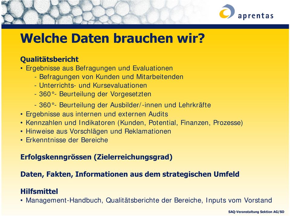 Beurteilung der Vorgesetzten - 360 - Beurteilung der Ausbilder/-innen und Lehrkräfte Ergebnisse aus internen und externen Audits Kennzahlen und Indikatoren