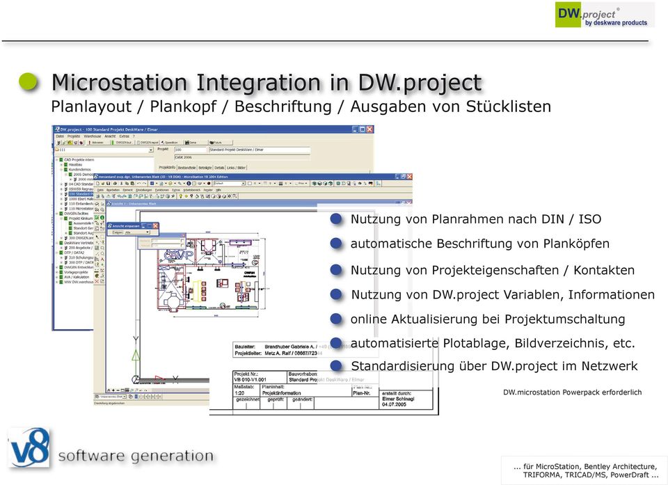 automatische Beschriftung von Planköpfen Nutzung von Projekteigenschaften / Kontakten Nutzung von DW.