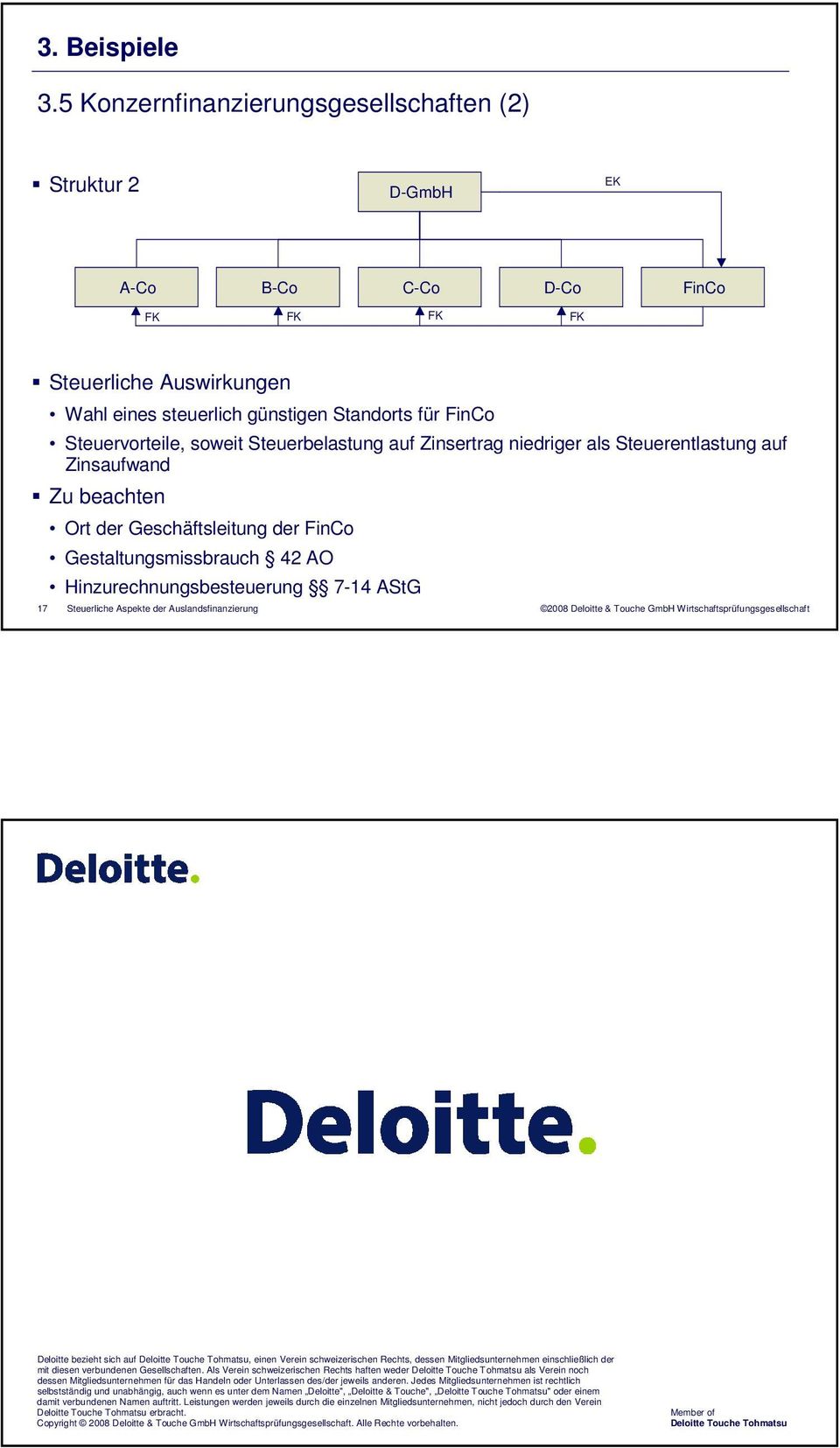 als Steuerentlastung auf Zinsaufwand Zu beachten Ort der Geschäftsleitung der FinCo Gestaltungsmissbrauch 42 AO Hinzurechnungsbesteuerung 7-14 AStG Deloitte bezieht sich auf Deloitte Touche Tohmatsu,