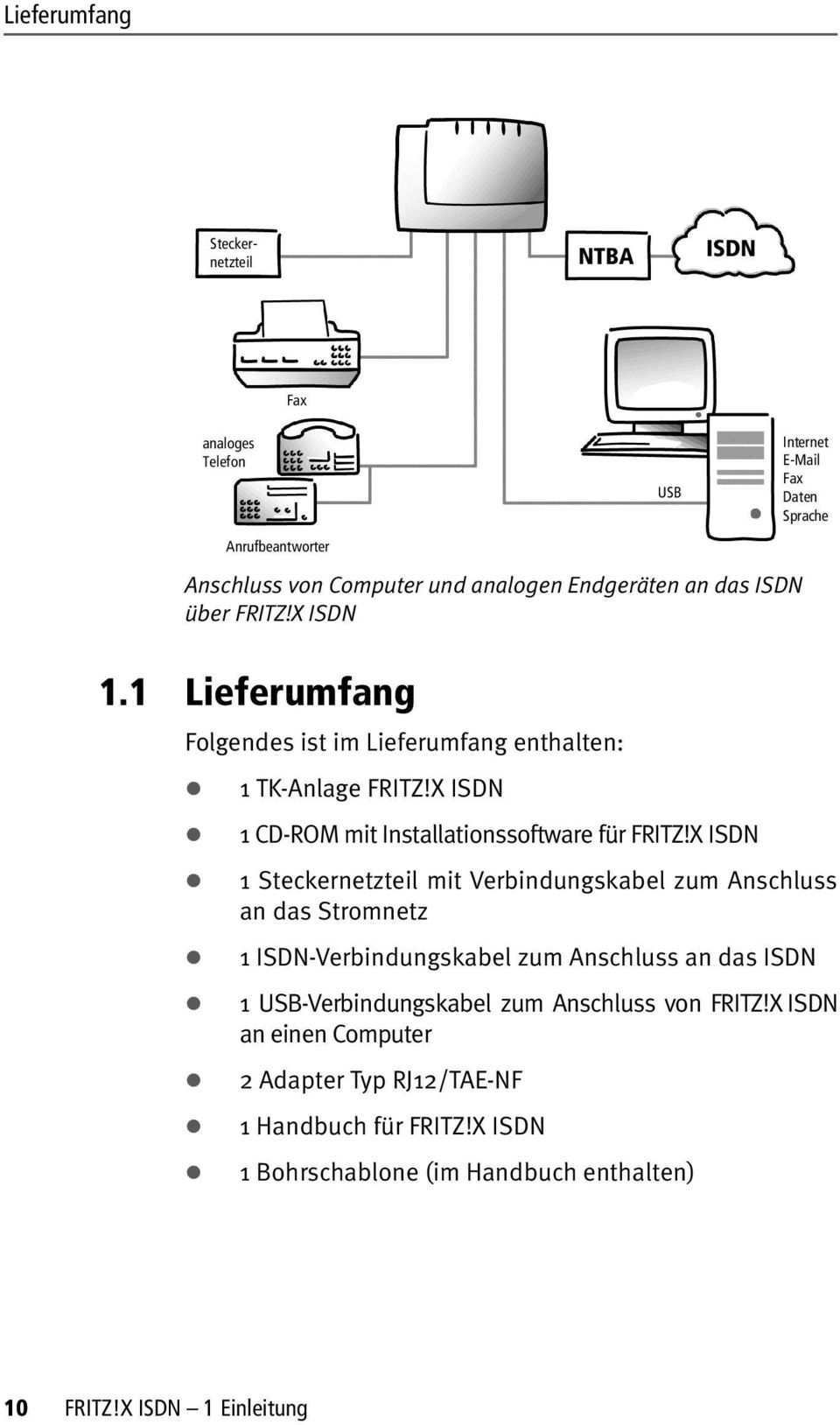 1 ISDN-Verbindungskabel zum Anschluss an das ISDN! 1 USB-Verbindungskabel zum Anschluss von FRITZ!X ISDN an einen Computer! 2 Adapter Typ RJ12/TAE-NF!