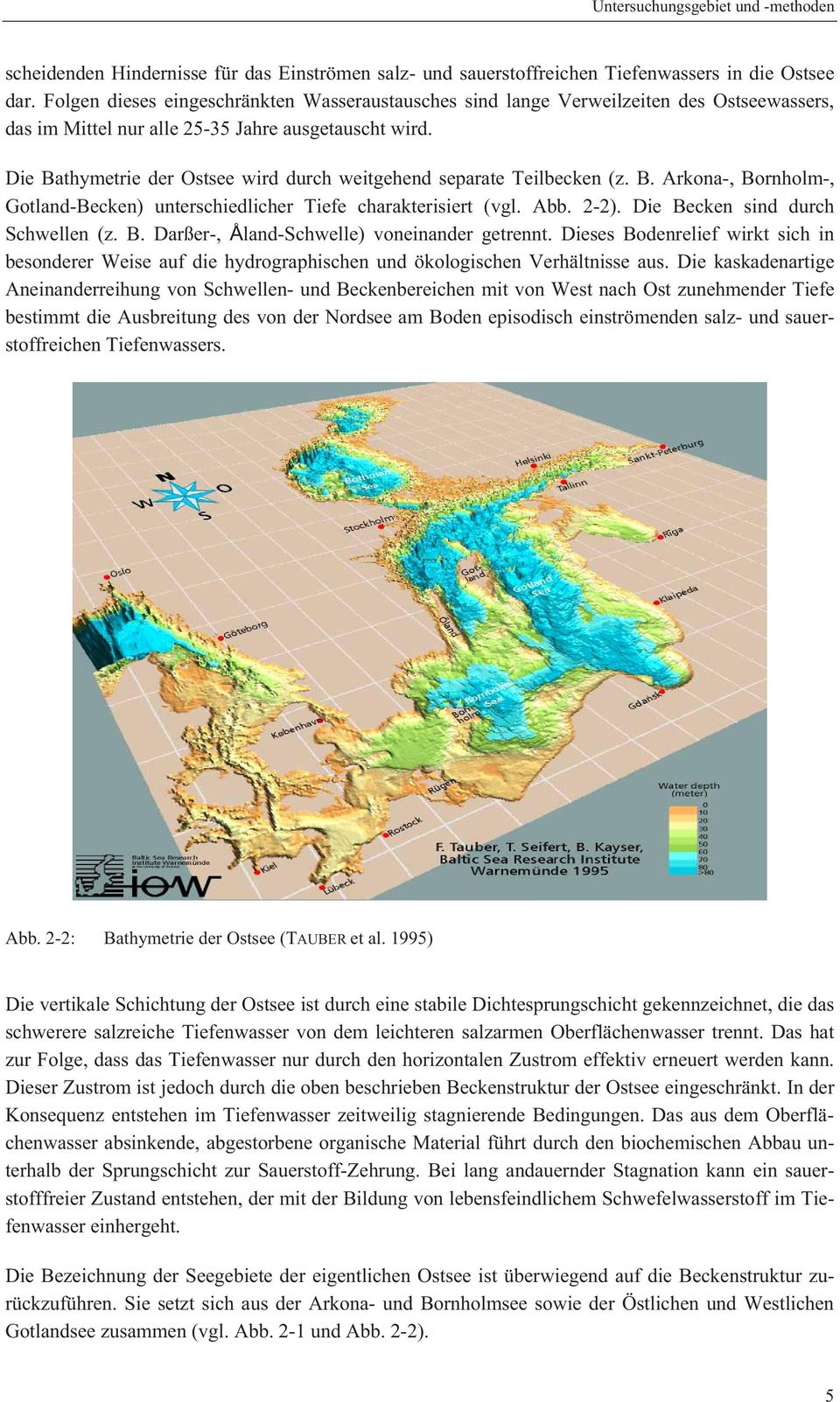 Die Bathymetrie der Ostsee wird durch weitgehend separate Teilbecken (z. B. Arkona-, Bornholm-, Gotland-Becken) unterschiedlicher Tiefe charakterisiert (vgl. Abb. 2-2).