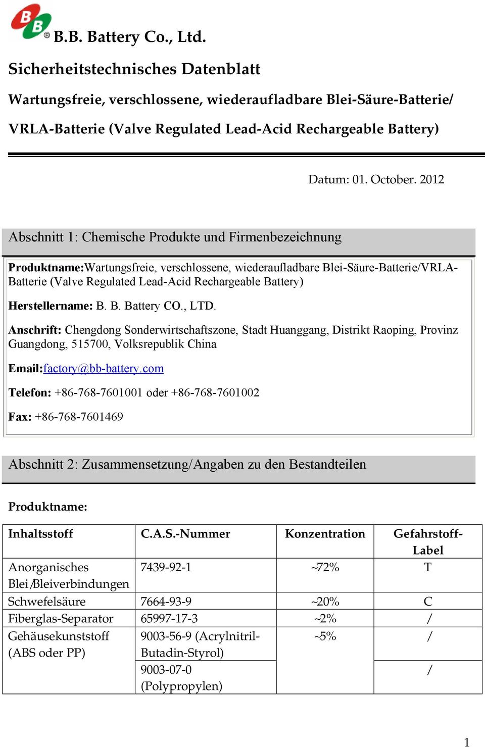 2012 Abschnitt 1: Chemische Produkte und Firmenbezeichnung Produktname:Wartungsfreie, verschlossene, wiederaufladbare Blei-Säure-Batterie/VRLA- Batterie (Valve Regulated Lead-Acid Rechargeable