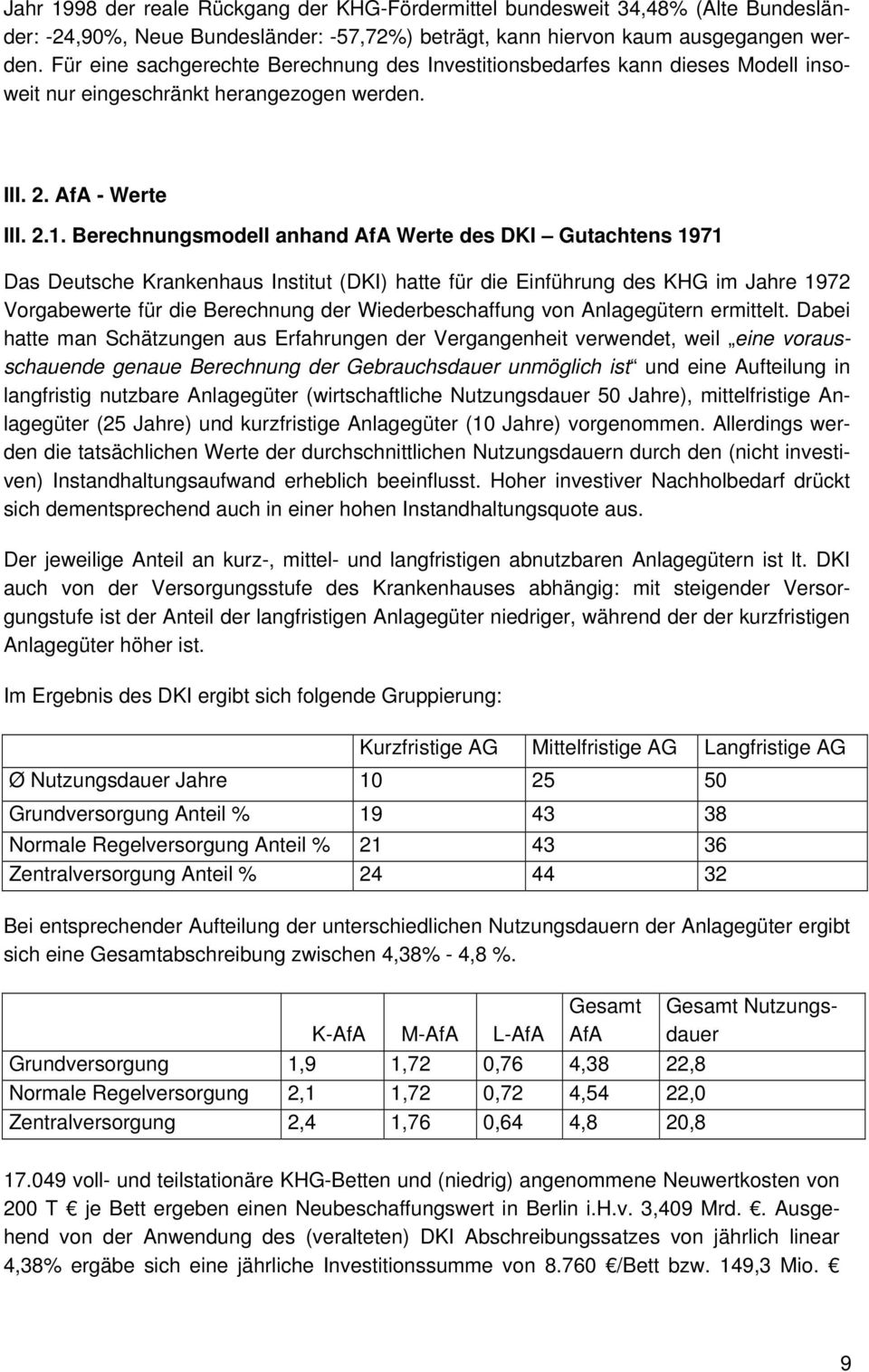 Berechnungsmodell anhand AfA Werte des DKI Gutachtens 1971 Das Deutsche Krankenhaus Institut (DKI) hatte für die Einführung des KHG im Jahre 1972 Vorgabewerte für die Berechnung der Wiederbeschaffung