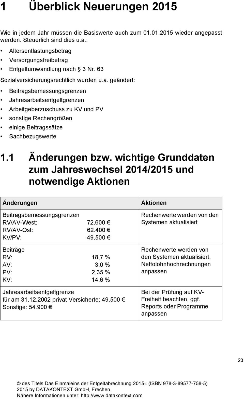 1 Änderungen bzw. wichtige Grunddaten zum Jahreswechsel 2014/2015 und notwendige Aktionen Änderungen Beitragsbemessungsgrenzen RV/AV-West: 72.600 RV/AV-Ost: 62.400 KV/PV: 49.