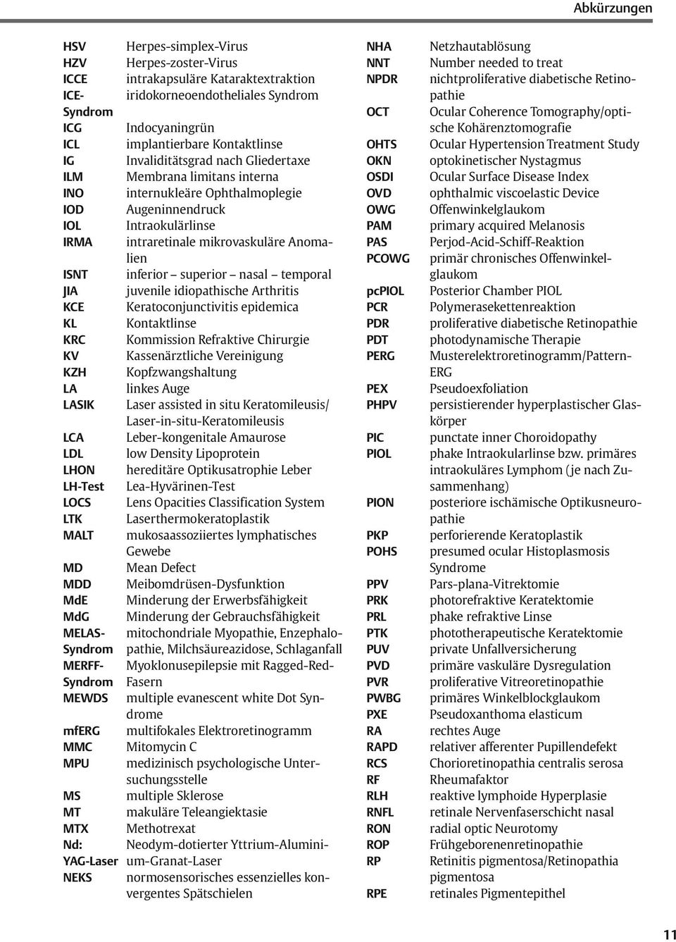 superior nasal temporal JIA juvenile idiopathische Arthritis KCE Keratoconjunctivitis epidemica KL Kontaktlinse KRC Kommission Refraktive Chirurgie KV Kassenärztliche Vereinigung KZH