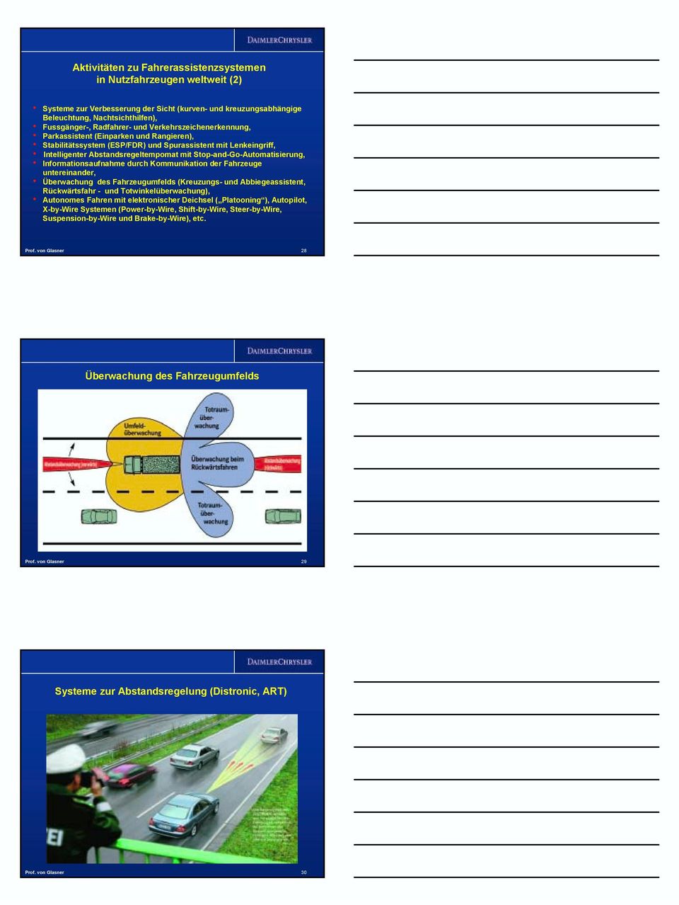 Informationsaufnahme durch Kommunikation der Fahrzeuge untereinander, Überwachung des Fahrzeugumfelds (Kreuzungs- und Abbiegeassistent, Rückwärtsfahr - und Totwinkelüberwachung), Autonomes Fahren mit