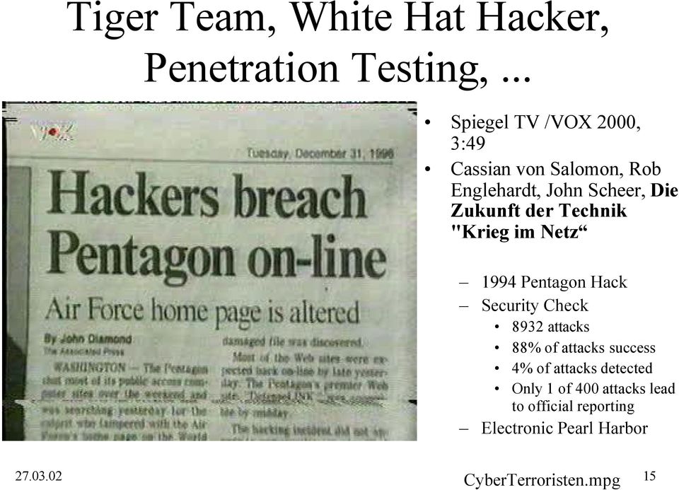 der Technik "Krieg im Netz 1994 Pentagon Hack Security Check 8932 attacks 88% of attacks