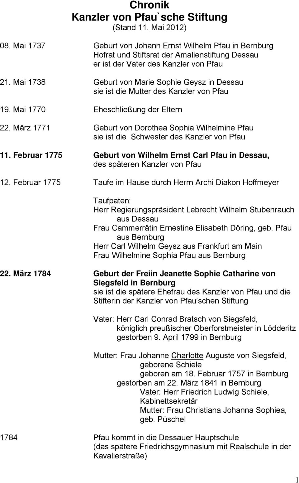 Mai 1738 Geburt von Marie Sophie Geysz in Dessau sie ist die Mutter des Kanzler von Pfau 19. Mai 1770 Eheschließung der Eltern 22.