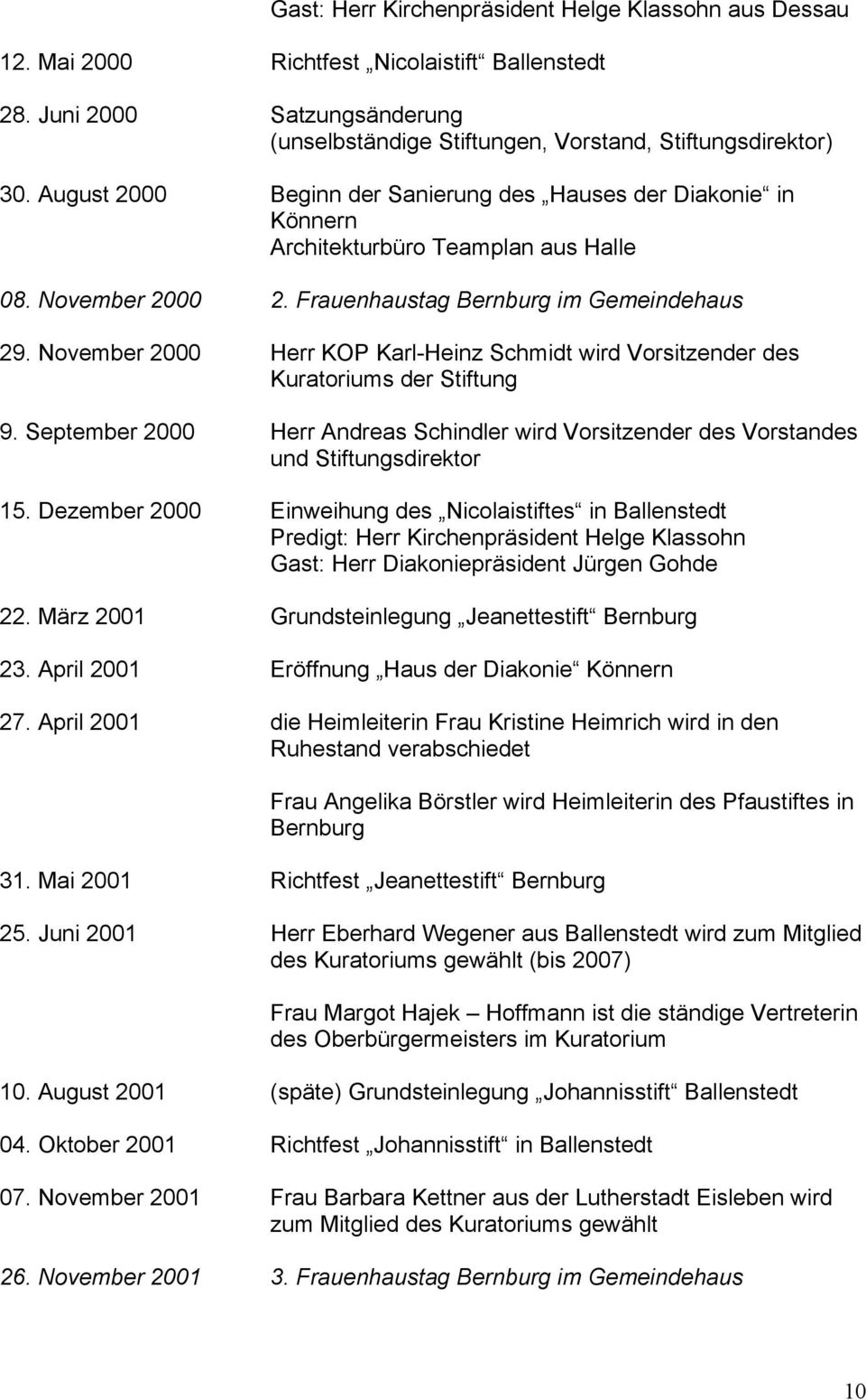 November 2000 Herr KOP Karl-Heinz Schmidt wird Vorsitzender des Kuratoriums der Stiftung 9. September 2000 Herr Andreas Schindler wird Vorsitzender des Vorstandes und Stiftungsdirektor 15.