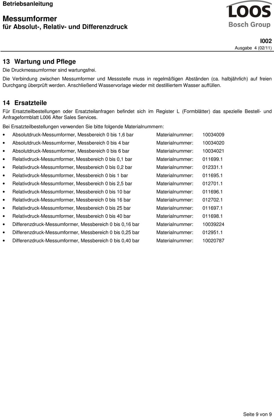 14 Ersatzteile Für Ersatzteilbestellungen oder Ersatzteilanfragen befindet sich im Register L (Formblätter) das spezielle Bestell- und Anfrageformblatt L006 After Sales Services.