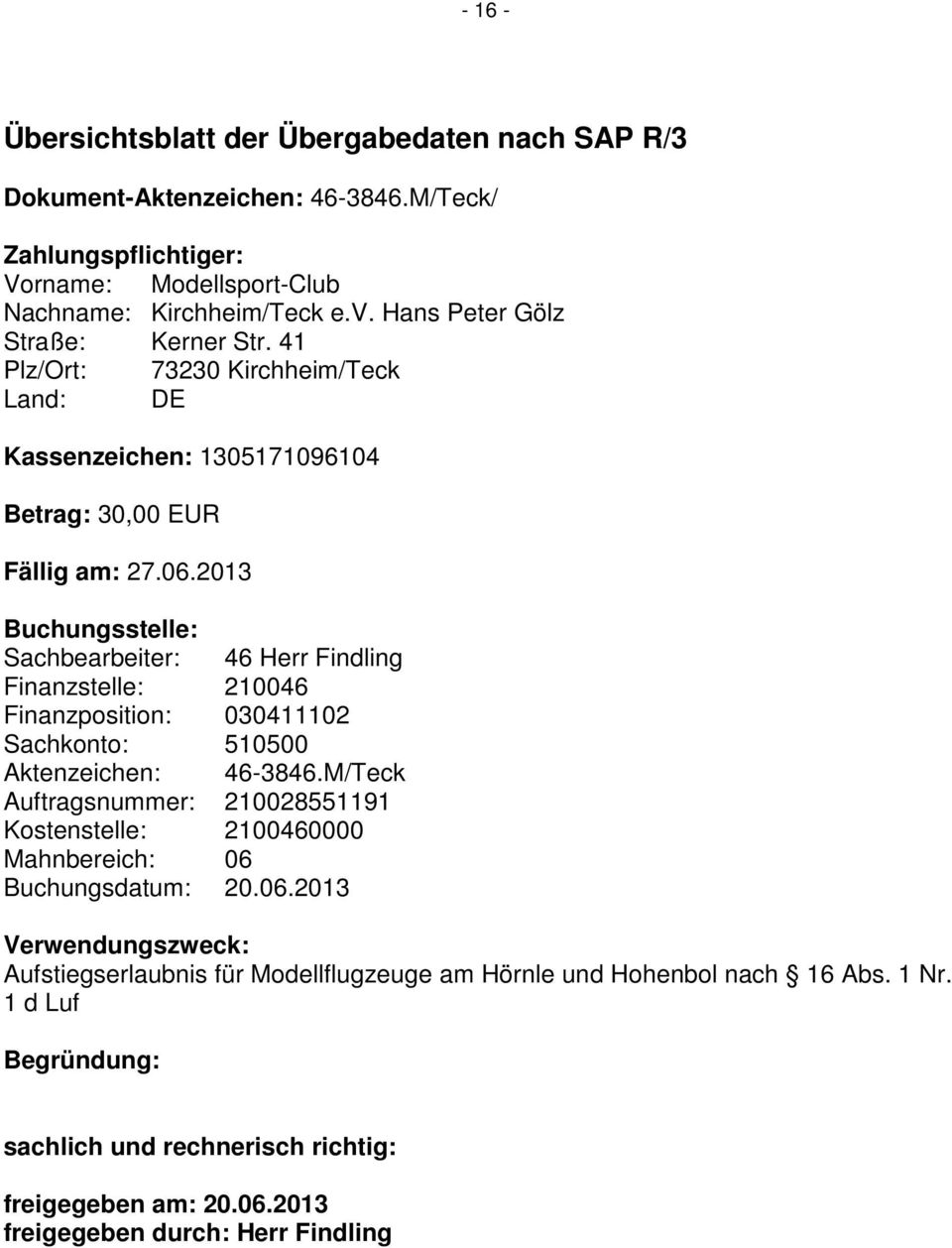 2013 Buchungsstelle: Sachbearbeiter: 46 Herr Findling Finanzstelle: 210046 Finanzposition: 030411102 Sachkonto: 510500 Aktenzeichen: 46-3846.