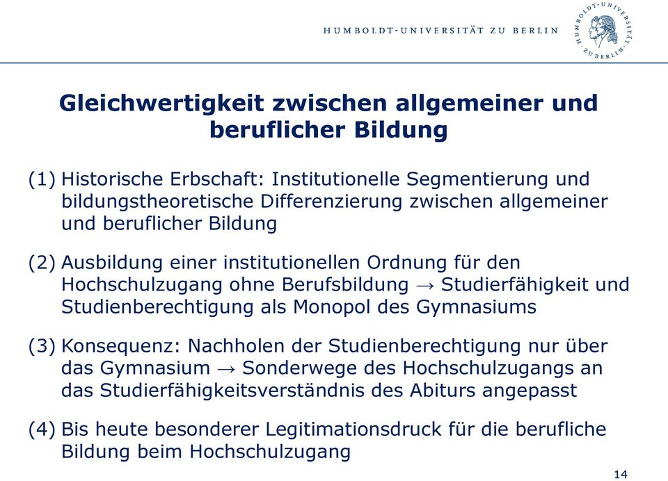 Studierfähigkeit und Studienberechtigung als Monopol des Gymnasiums (3) Konsequenz: Nachholen der Studienberechtigung nur über das Gymnasium Sonderwege